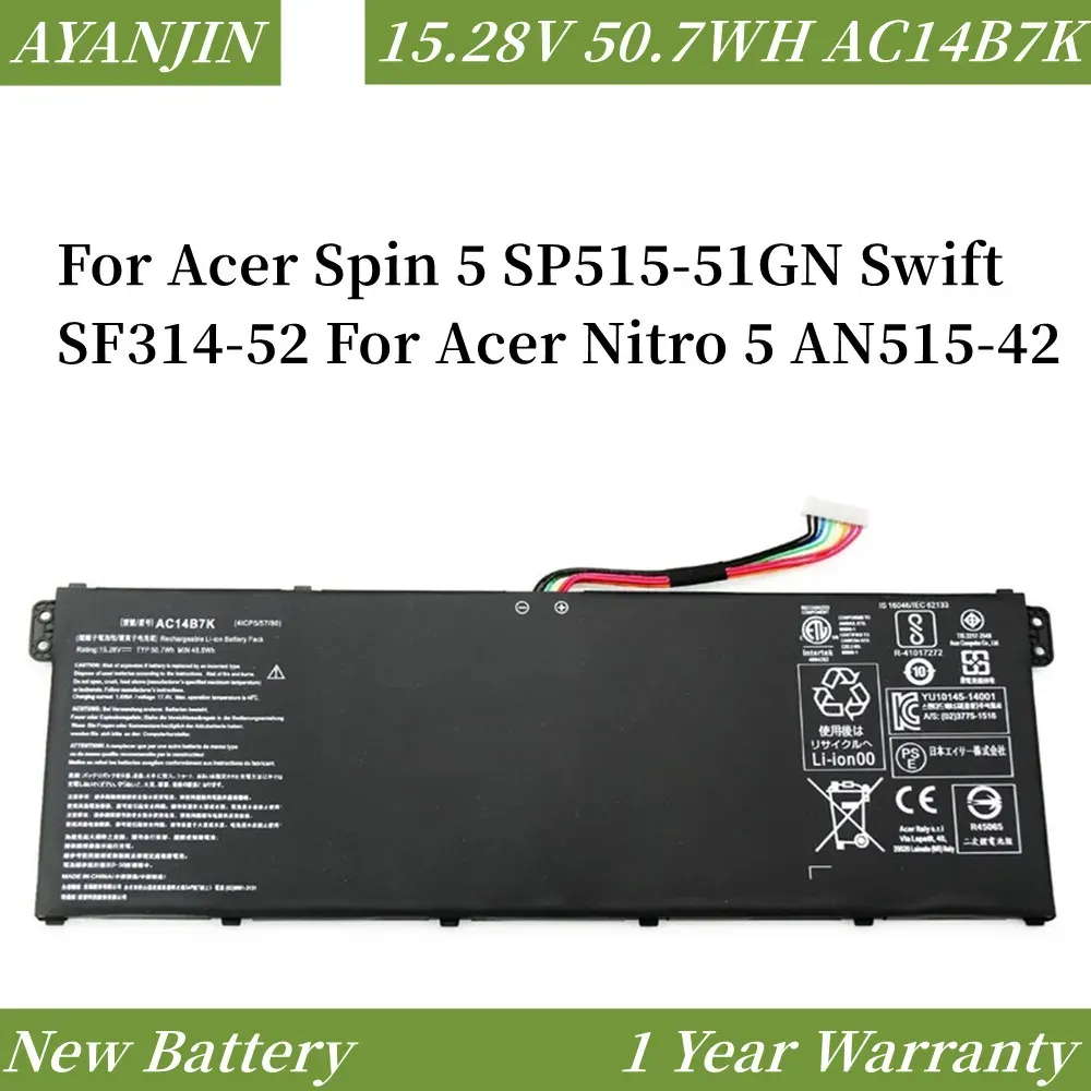 Batterijen AC14B7K 15.28V 3320mAH 50.7WH Laptop Batterij voor Acer Spin 5 SP51551GN SWIFT SF31452 voor Acer Nitro 5 AN51542