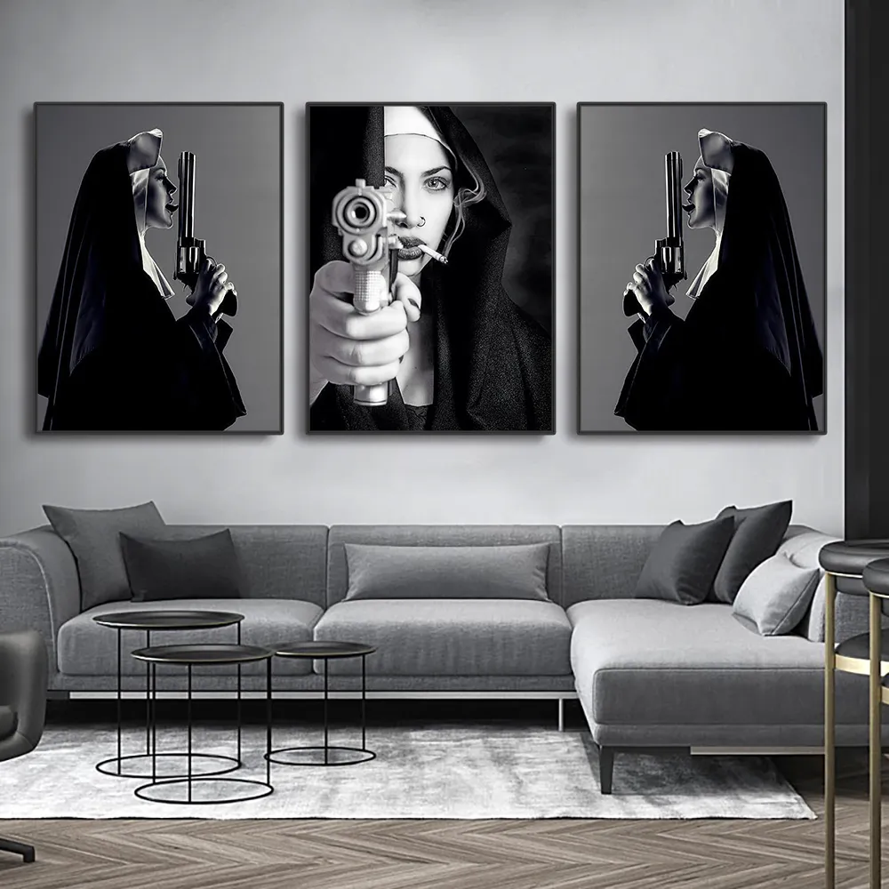 Modern Black And White Nude Nuns Black Artist Wall Art With Big Guns
