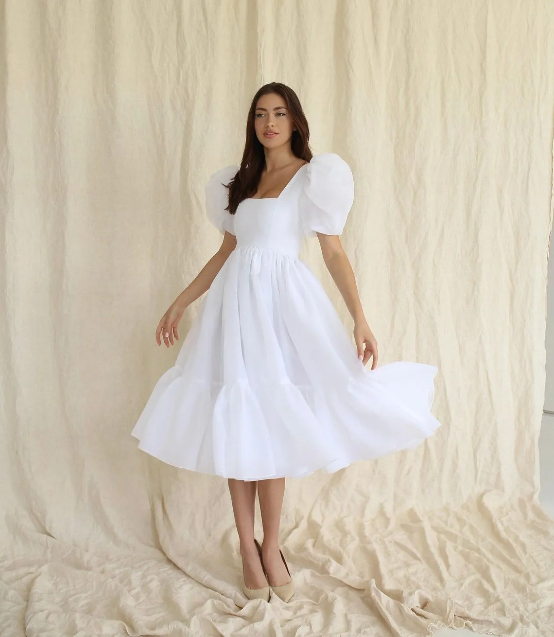 open lace back dress Ruched Flower Lace Tea Length Wedding Dress