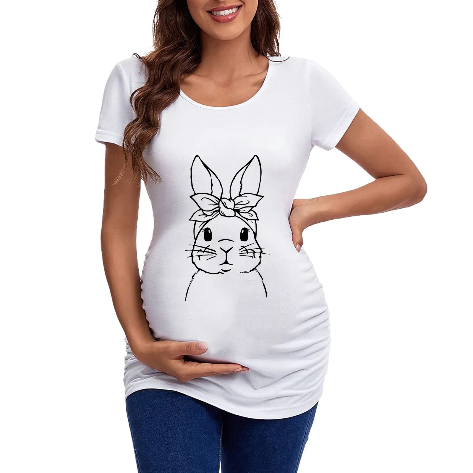 Pâques Femmes Maternité à manches courtes Couw Nou Rabbit graphique Côtés ruchées T-shirt Tops Grossesse Leggings de maternité française