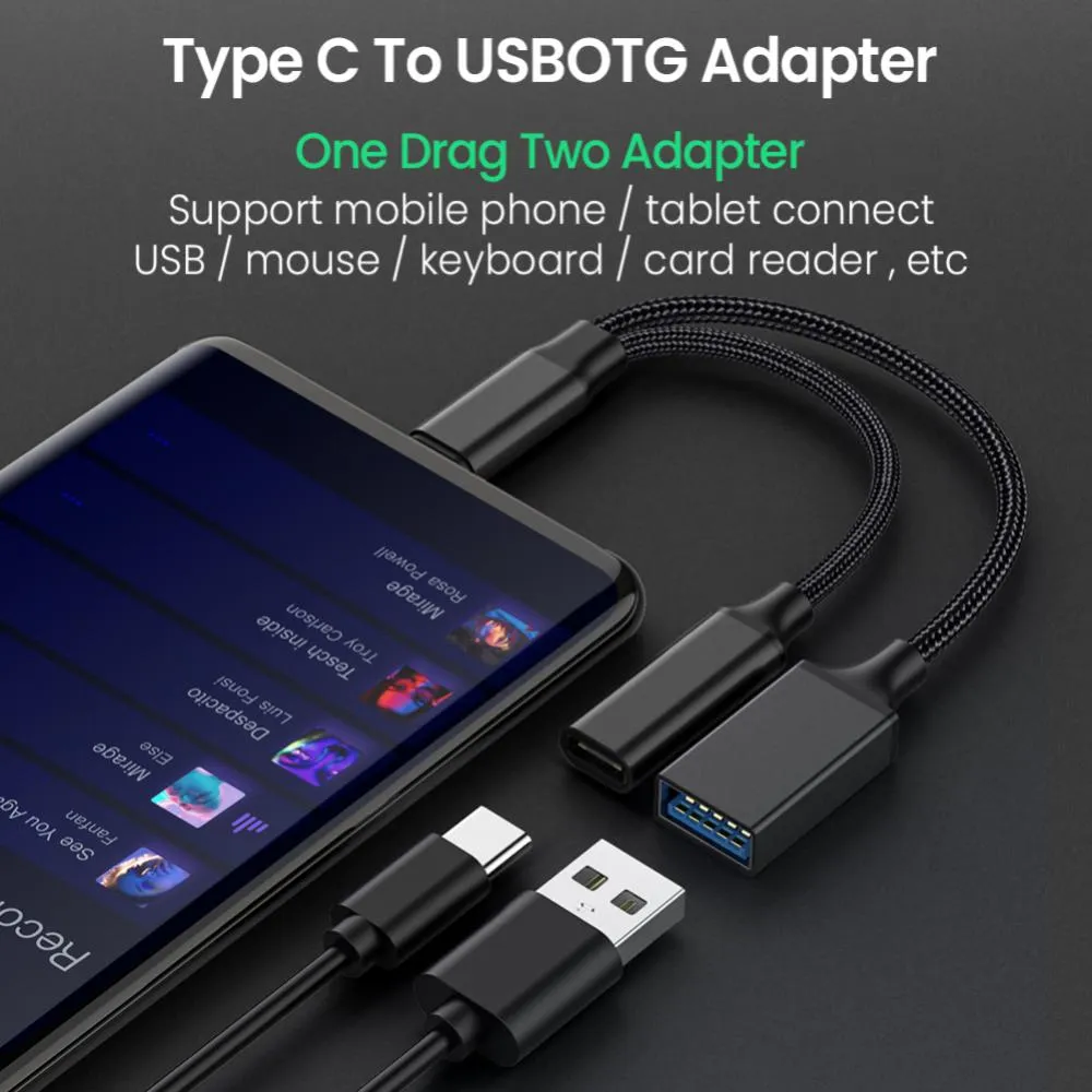 Câble Adaptateur OTG 2 En 1 Micro USB Vers USB-C - Transfert De Données Et Connexion - Noir - Neuf