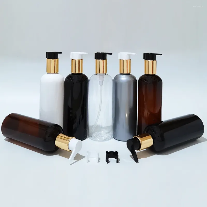 Storage Bottles 300ml Leak Proof Cosmetic PET Bottle With Gold Silver Aluminum Lotion Pump Cap For Packing Liquid Soap Empty Plastic 10oz