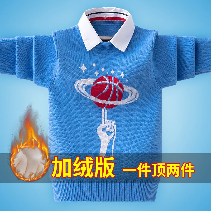 Children Sweater 3-17T Kids Spring Warm Jacket Baby Boys Pullovers Long Sleeve Knitted Velvet Turtleneck Shirt Collar Outwear