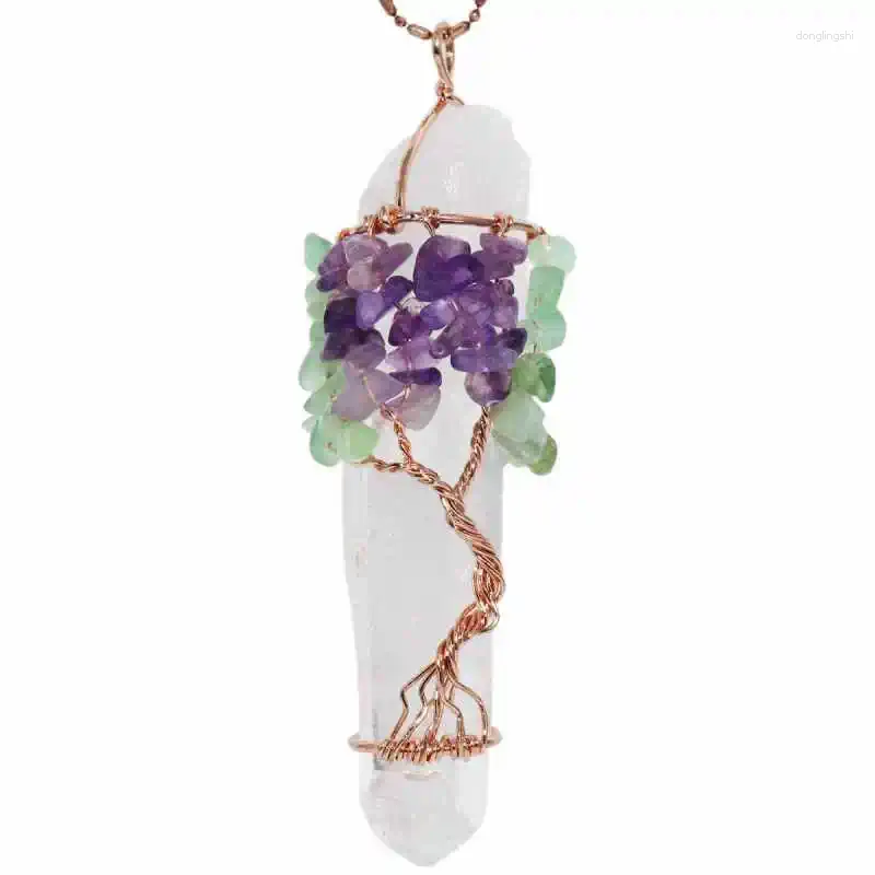 Pendant Necklaces TUMBEELLUWA Natural Rock Quartz Irregular Copper Wire Wrap Amethyst Green Aventurine Stone Gravel Tree Of Life Jewelry