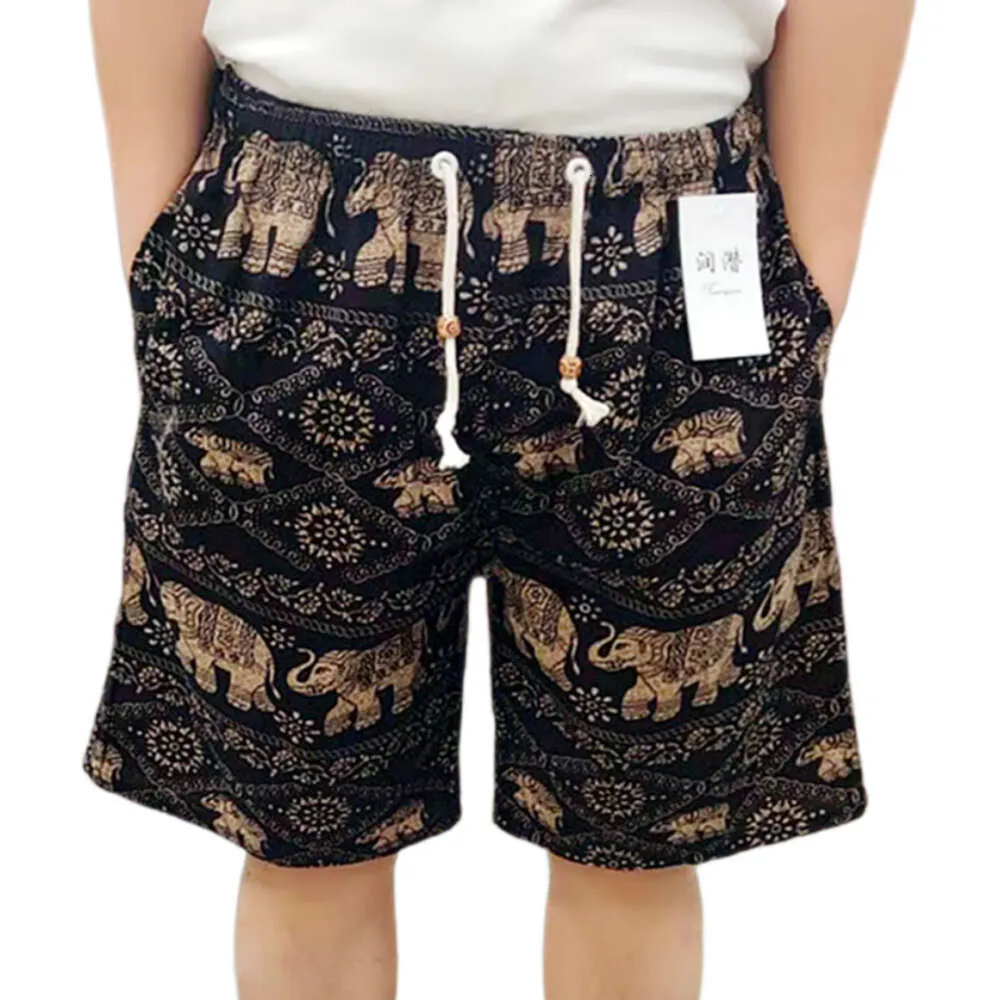 Calça de praia de verão, algodão étnico masculino e linho impresso por shorts grandes, shorts finos casuais soltos, shorts de estilo étnico da moda masculina