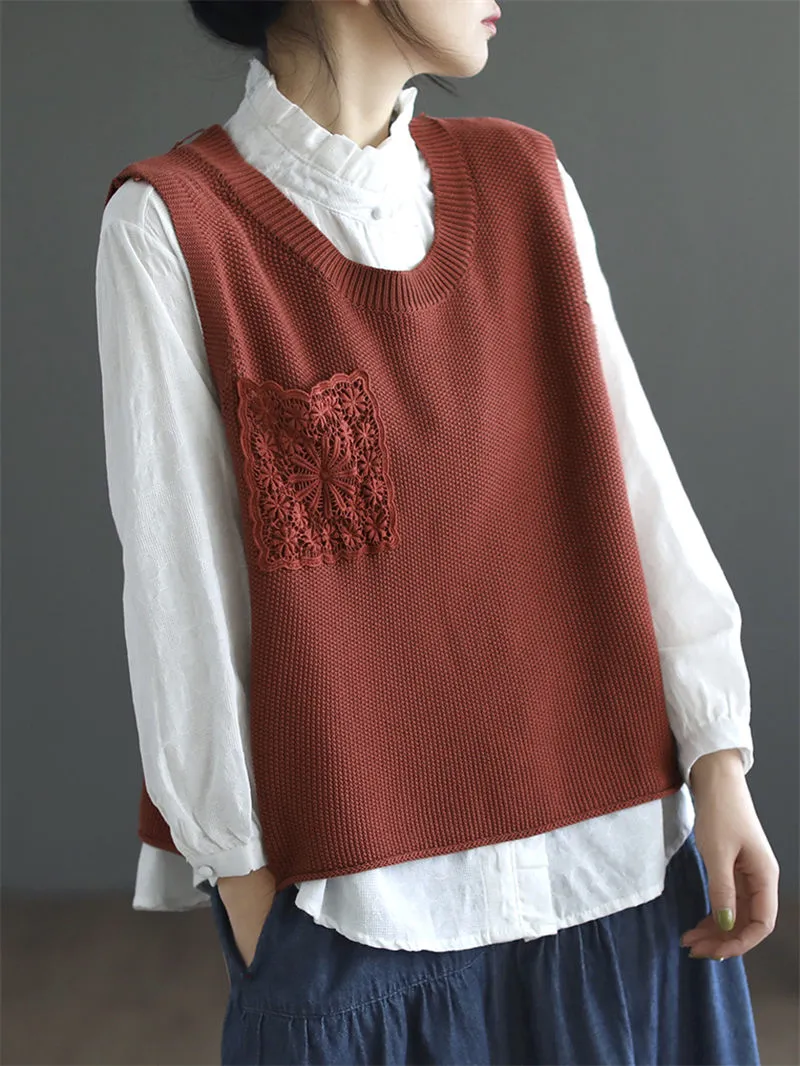Stickad Pullover Vest Spring and Autumn Women's Fashionable Round Neck spetspanel Pocket Tank Top Trendy tröja Waistcoat Z969