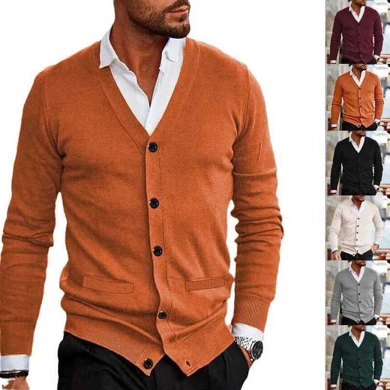 Z241111 Mens Knitted V Neck Cardigan Sweater Slim Fit Button Up