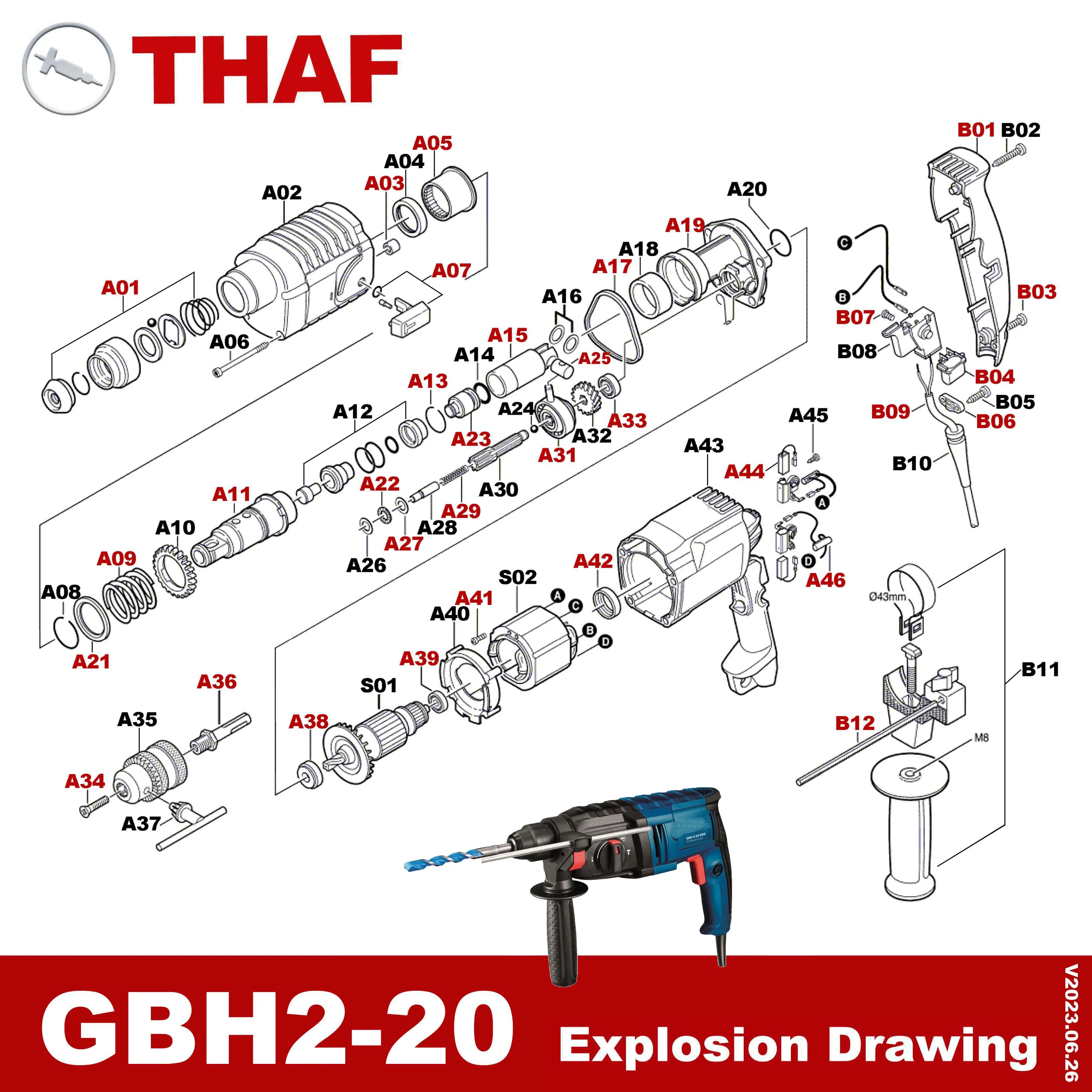 Bosch Rotary Hammer GBH2-20 A31 için Tahrik Yatağı Yedek Yedek Yedek Parçalar