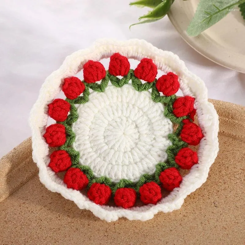 Tischmatten runde gestrickte Erdbeer -Matten -Matten -Häkel -Häkelbecher Tasse Tee Handgefertigte Hochzeitsküche