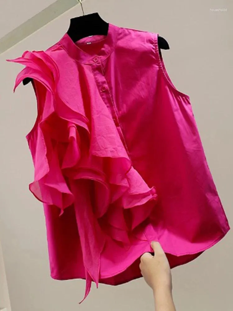 Koszule damskie 2024 Letnia marszczenie panelu bez rękawów stojąca koszula Koreańska luźna moda Trend A09