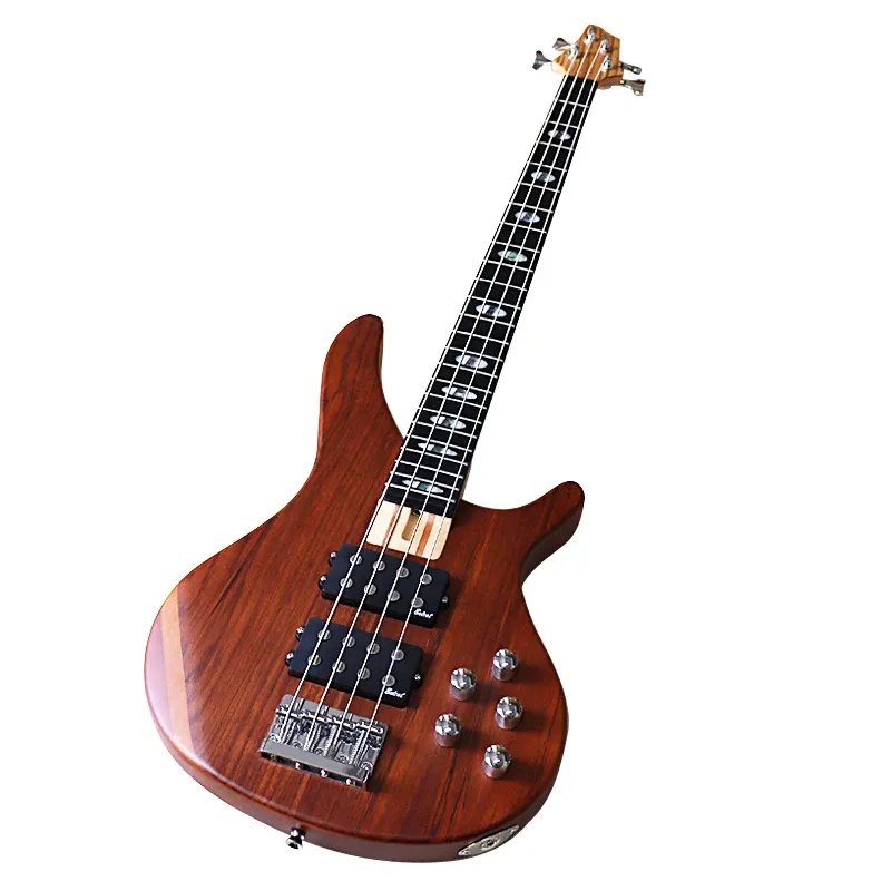 Cables 4 String Active Bass Guitar 43 Inch Brown Hickory Wood Top Bolt on Solid Okoume Wood Back and Side Electric Bass Guitar