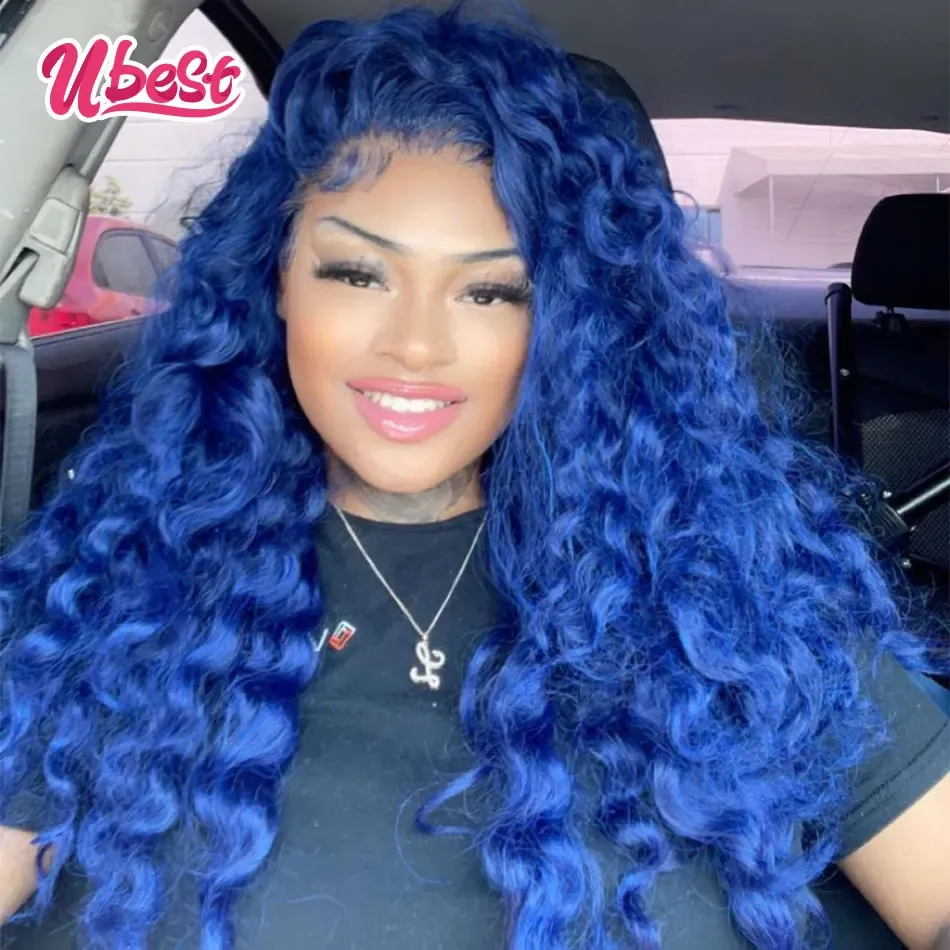 Blue Colored Body Wave Lace Front Wig 13x4 Transparent Lace Frontal Wi Loose Wavy Pre Plucked Remy Human Hair For Women Closure