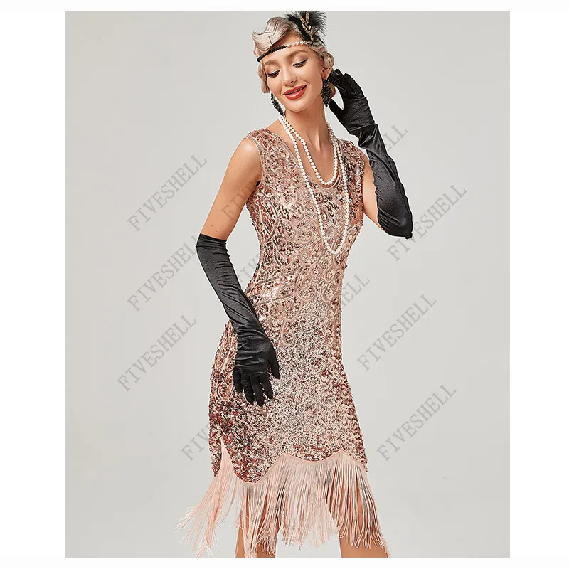 Plus w rozmiarze 1920. Art Deco długie frędzlone cekinowe koraliki Flower Roaring 20s Great Gatsby Art Deco Elegancka sukienka damska