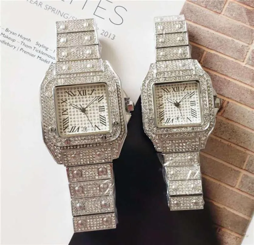 Les hommes regardent les femmes regardent le mouvement de quartz brillant en diamant complet glacé sur la montre-bracelet en argent blanc bonne qualité amant analogique wristwtaches9922241