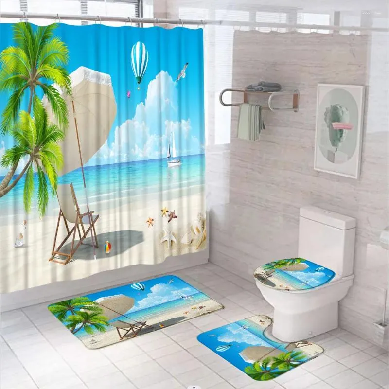 Shower Curtains Ocean Scenery Starfish Curtain Sets Tropical Sea Palm Trees Beach Chair Bathroom Screen Bath Mat Rug Carpet Toilet Cover