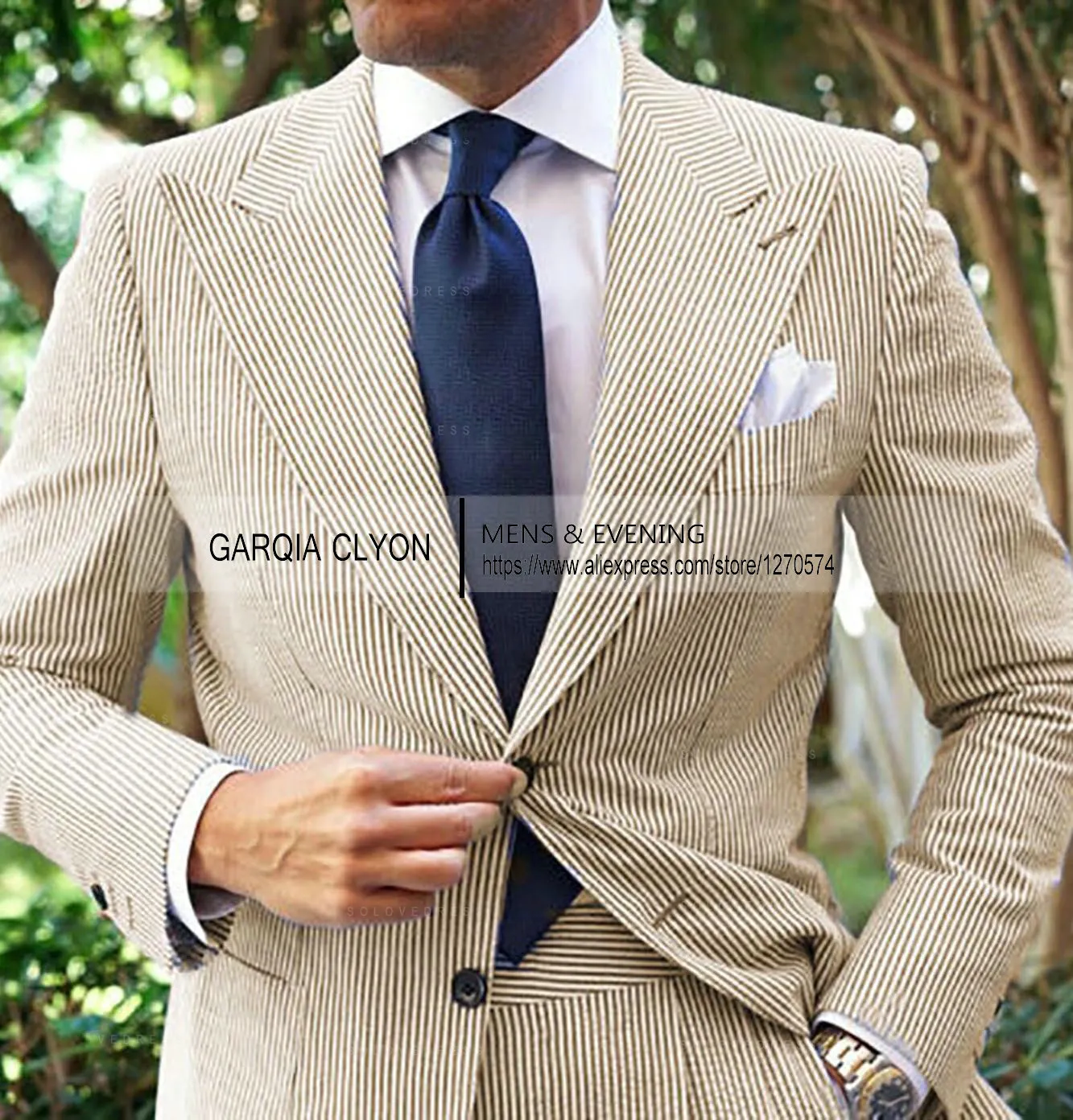 beige seersucker suit