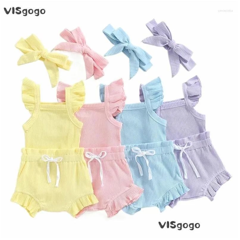 Ensembles de vêtements Visgogo Baby Girls Vêtements Ensemble manche de couleur de couleur solide Tops Dstring Pantal