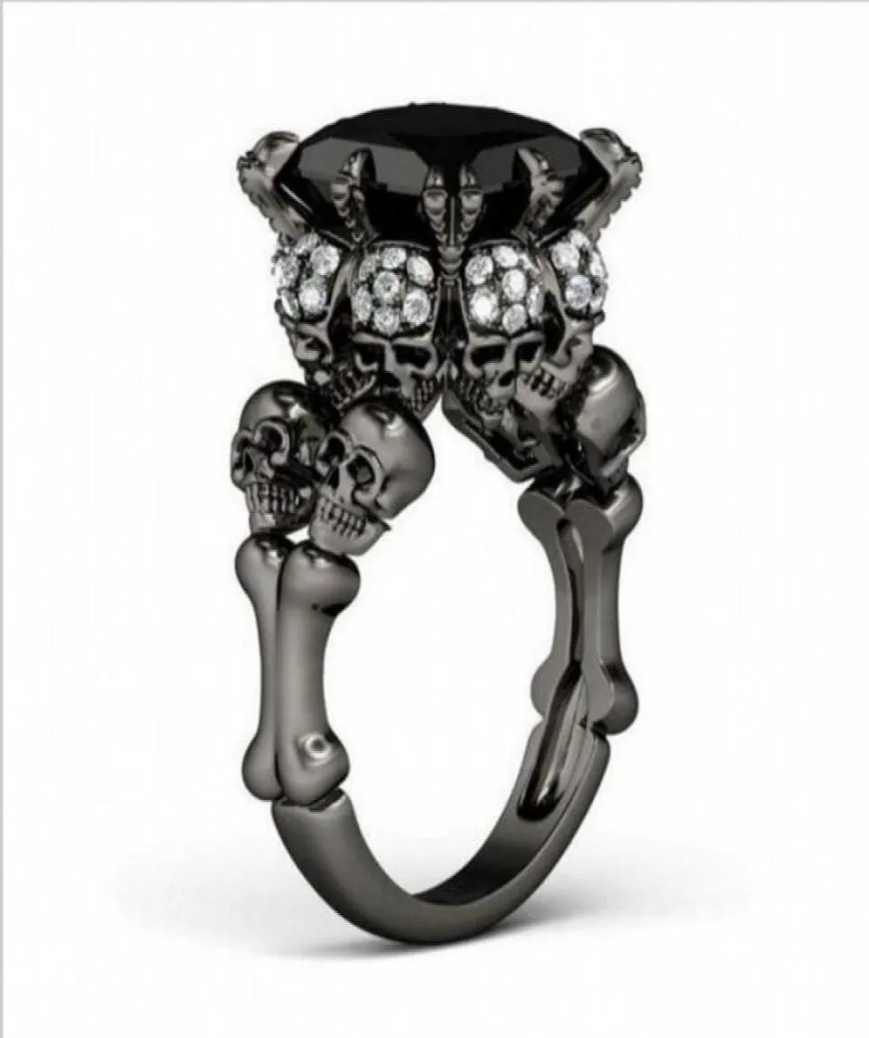 Brand Punk Jewelry Skull 10KT Black Gold Filled Demon Princess 5CT Black Sapphire Cocktail Wedding Bands Ring for Women Men61410835870453