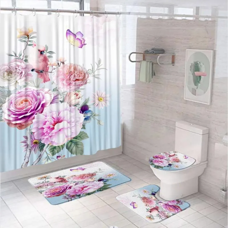 Duschvorhänge Pfingstrose Blumenvogel Schmetterling Vorhang Set Badezimmer Bildschirm Bunt Blumen Daisy Bad Matte Toilettendeckel Deckte Teppich Teppich Haus Zuhause