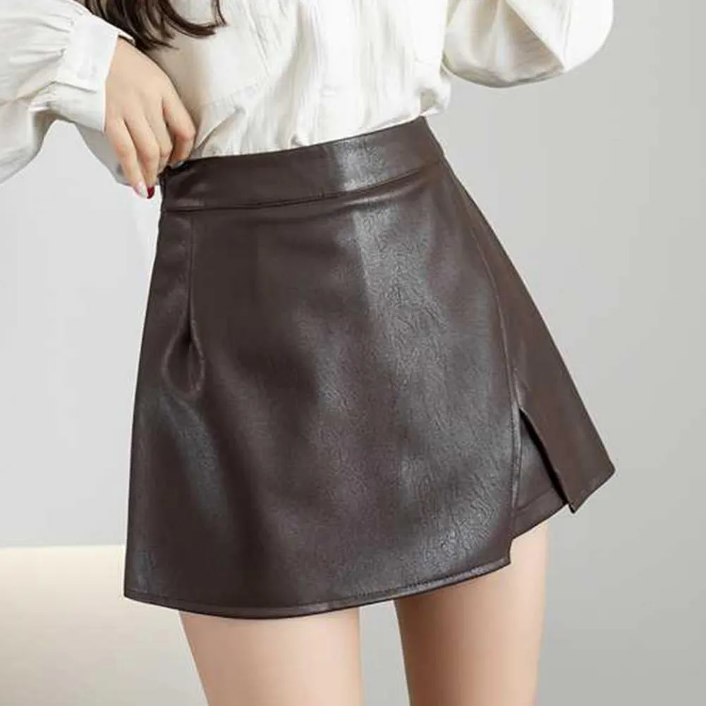 Läder korta kjol kvinnor falska två bitar kjol shorts sexig delad smal hög midja a-line mini kjol vintage harajuku kjol shorts