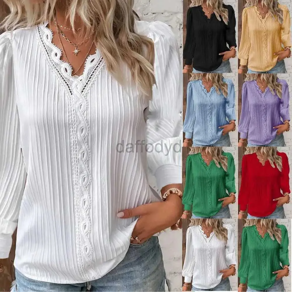 Women's Blouses Shirts 2024 Women Lace Stitching Shirt Solid V-neck Simple Black Chiffon Decoration Hollow Out Fashion Elegant Top Office Lady Blouse 240411