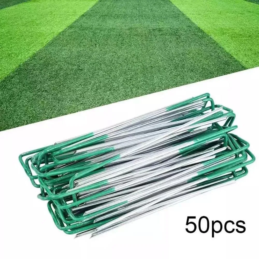 50pcs U-förmige Gartennagelnagel Nagelnagel Halbspray Green Mirne Stakes Heftklammern Landschaft Sicherung von Stiften Rasen Stoffnetting Matting Spikes