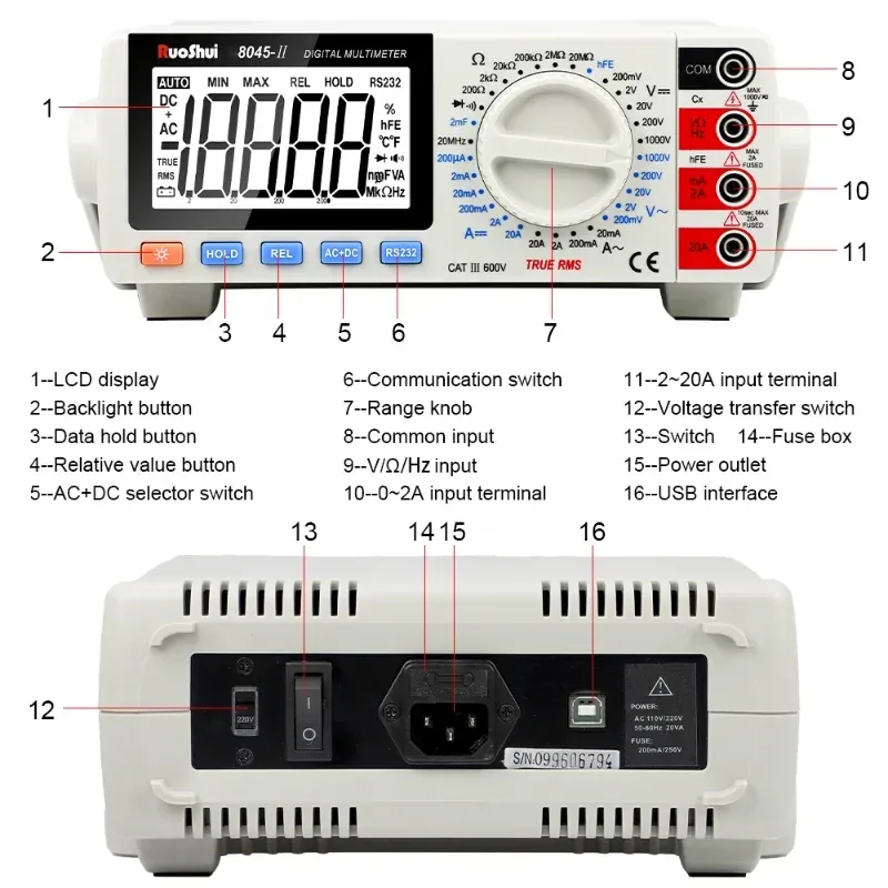 Ruoshui 8045 Multimetro 20000 Conta True RMS AC/DC 1000V Desktop Multimetro a 20 MHz Capacità a transistor USB Tester