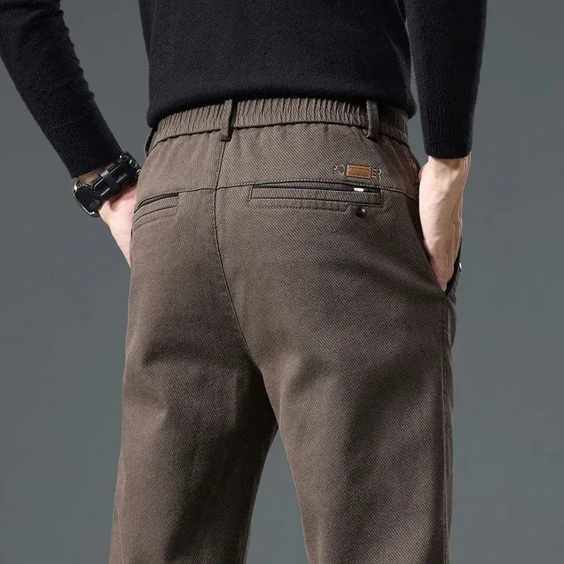 Korean Version Fashion Autumn Classic Causal Pants Men Cotton Elastic Waist Business Slim Fit Thick Trousers Male 240411