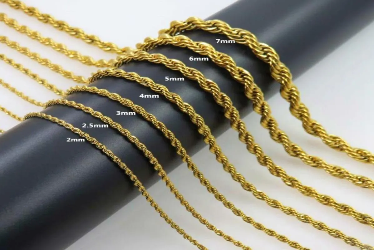 18K Gold Plated Rope Chain Stainless Steel Necklace for Women Men Golden Fashion Design ed Rope Chains Hip Hop Jewelry Gift 2992329494183