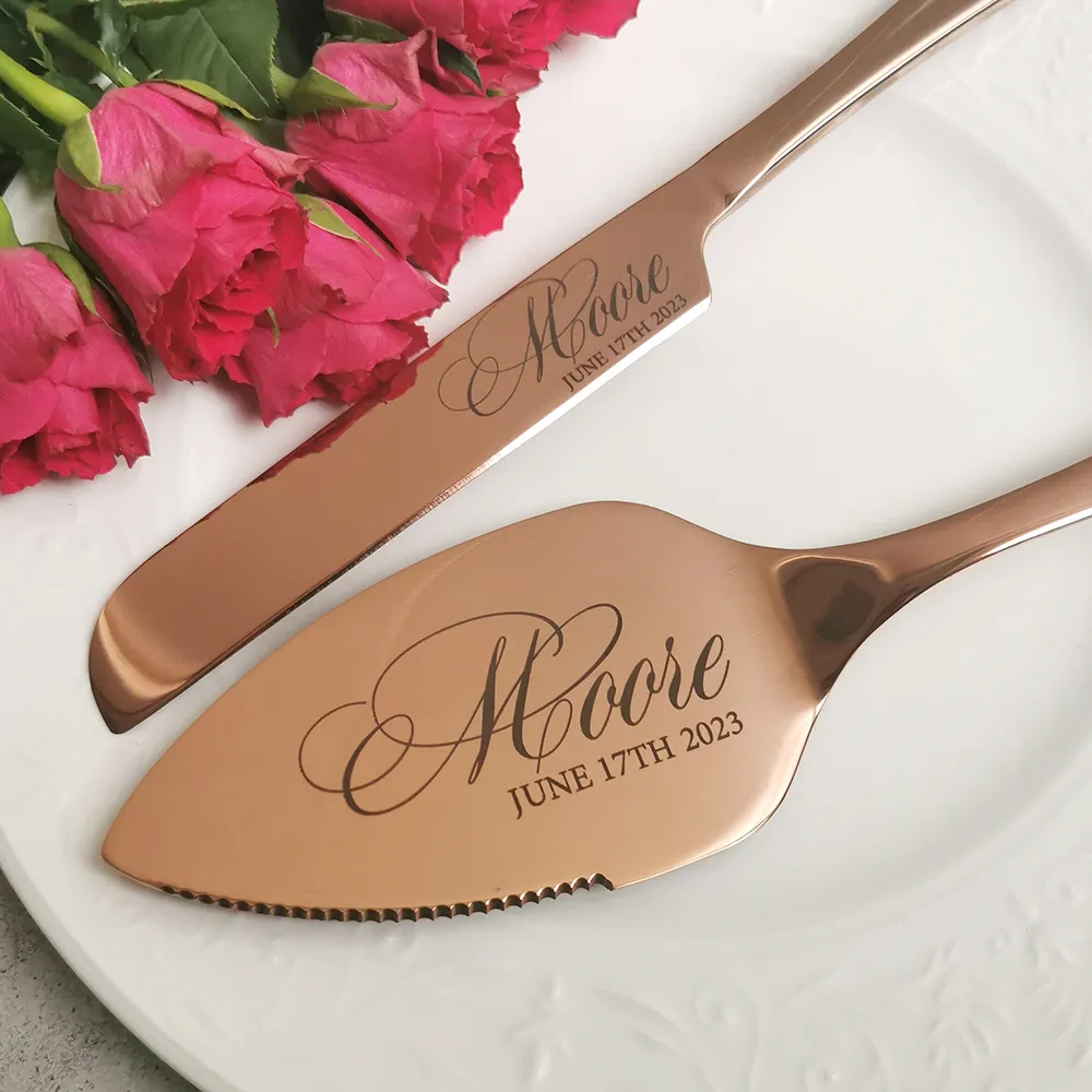 Cérémonie de coupe de gâteau de mariage gravée personnalisé Ensemble de serveur de couteau à gâteau à tarte personnalisé ensemble Cadeau d'anniversaire de douche nuptiale de luxe