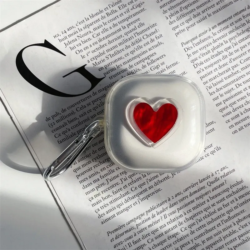 Acrylique de luxe Amber Love Heart Clearbuds Couverture pour Samsung Galaxy Buds Live Buds 2 Pro avec couverture de protection du bracelet Pearl