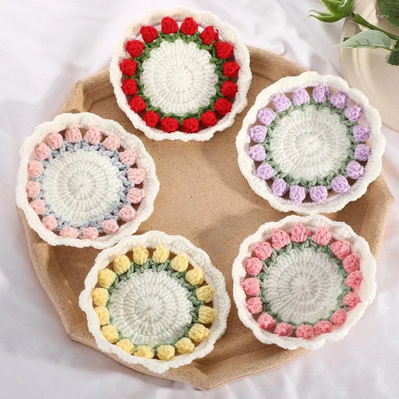 Table Mats Round Knitted Placemat Mat Tulip Crochet Flowers Cup Tea Decorative Wedding Home