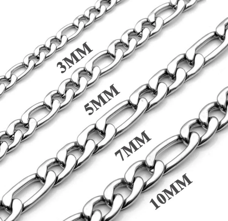 3mm5mm7mm10mm 스테인레스 스틸 플랫 피가로 커브 쿠바 체인 링크 남성 여성 목걸이 1830 인치 길이 벨벳 가방 6788954