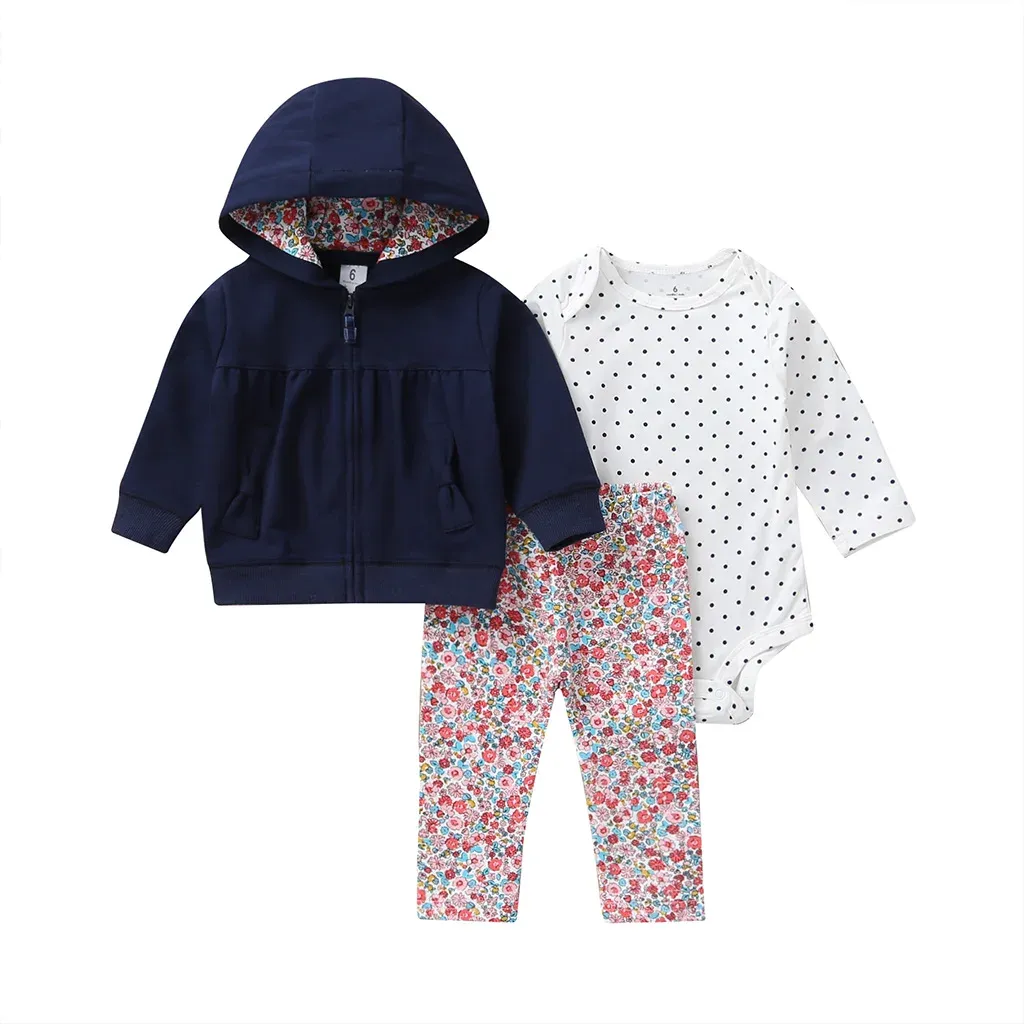 baby girl outfit 2019 autumn winter newborn clothes hooded coat+romper dot+floral pants 3PCS boy long sleeve clothing set cotton