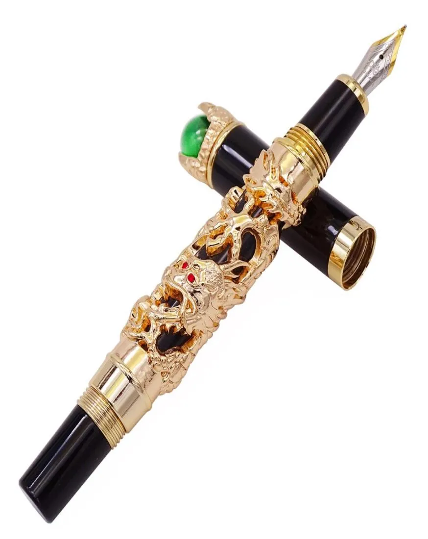 Jinhao Vintage Dragon King Bent Fountain Fountain Pen Calligraphy Pen Metal Backossing Bijoux vert sur le haut Golden Drawing Ink Pen5510190