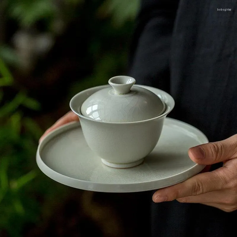 Tasses Saucers Végétation Grey Céramic Sancai Cover Bowl avec pot portant une tasse de trempage de thé antiquaire de grande taille