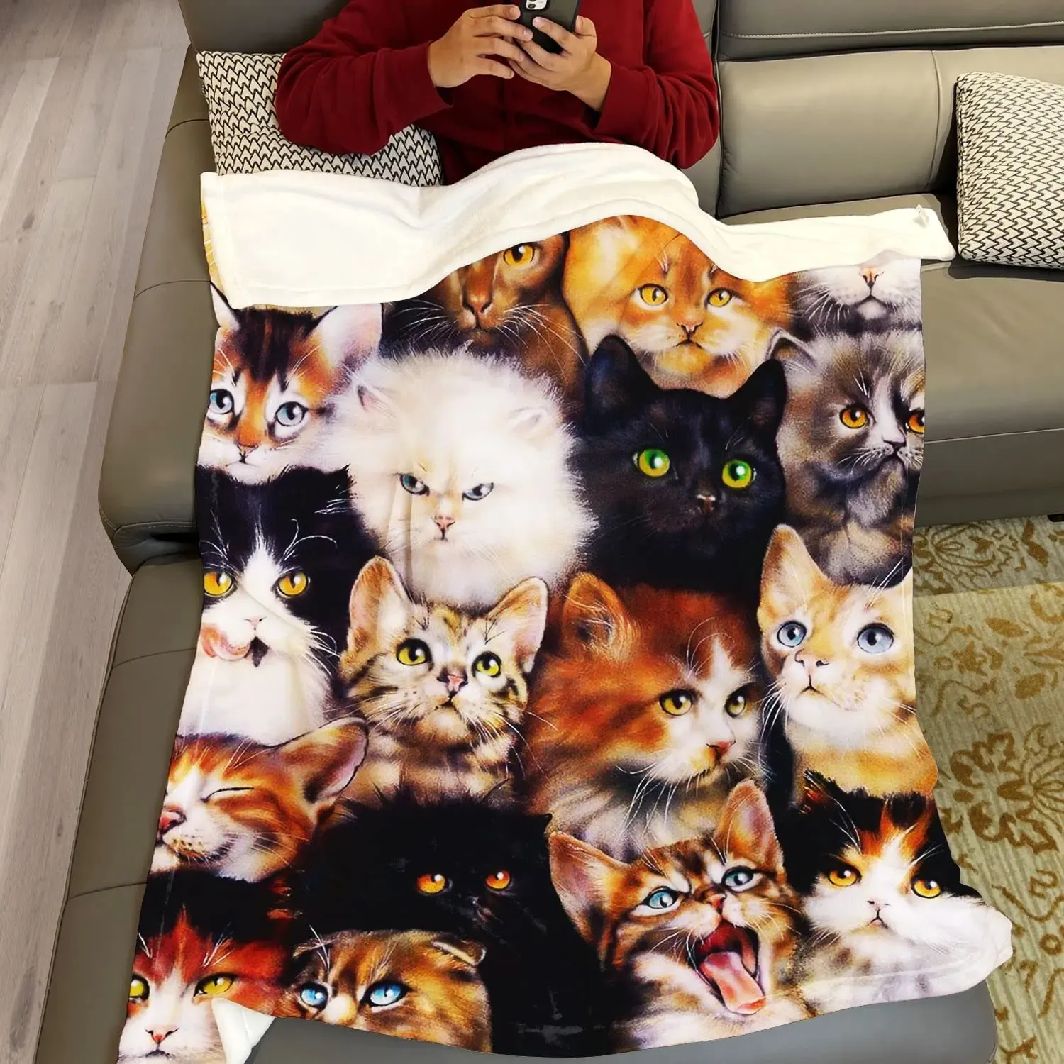 かわいい動物の猫毛布フリースぬいぐるみ毛布暖かいベッドカッテ柄のショールソファソファ子猫プリントブランケットフランネルソフト居心地