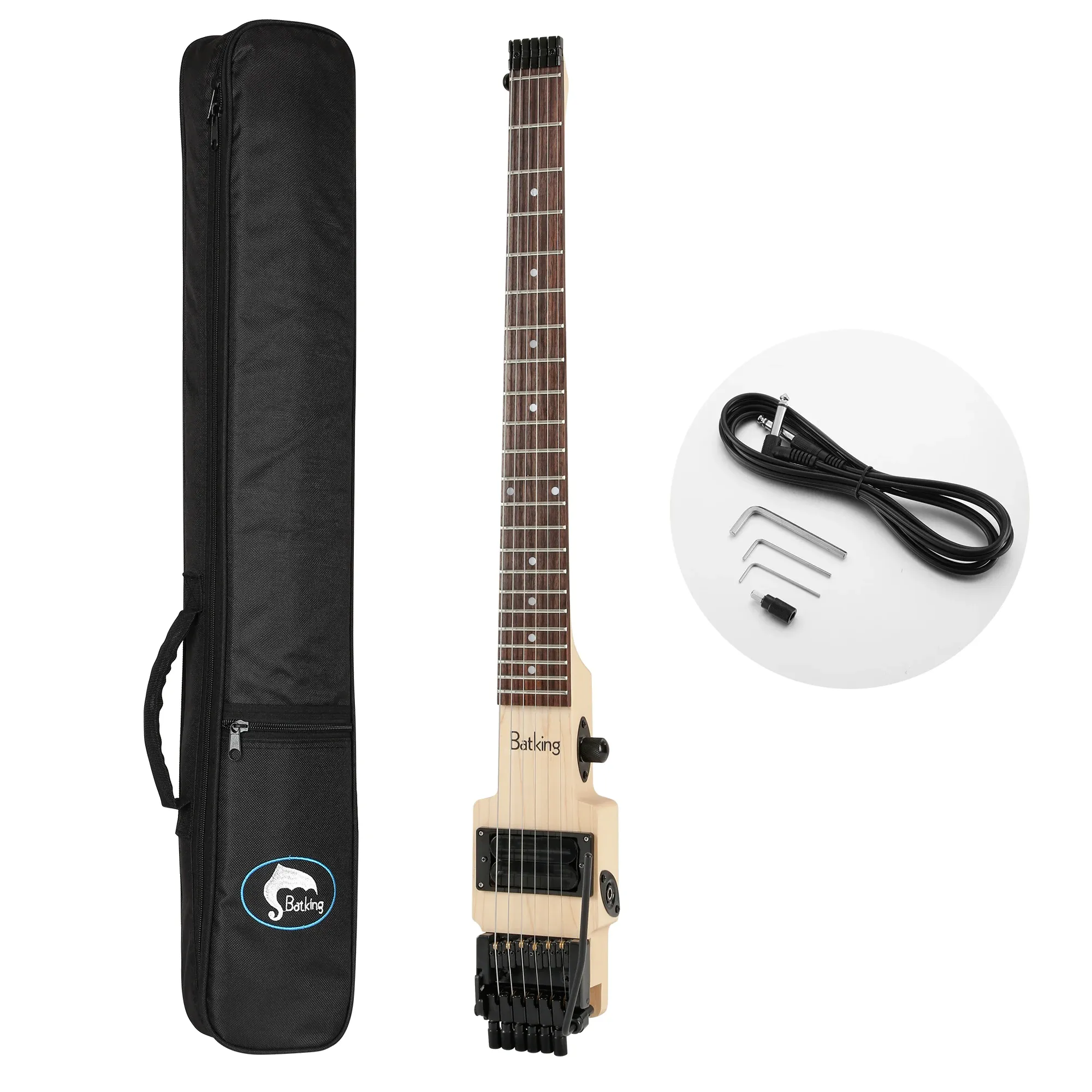 كابلات Batking Travel Electric Guitar Headless 6 String Guitar Onepiece Canada Maple Neck من خلال تصميم الجسم مزدوج قفل Tremolo