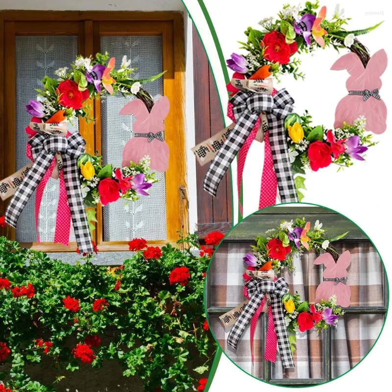 Decorative Flowers 36cm Easter Artificial Flower Wreath Front Door Garland Decoration With Wooden Sign For 2024 Spring Party Decor