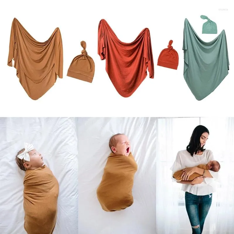 Battaniye 2 adet bebek alıcı battaniye şapka seti sleep swaddle sargısı kuyruk düğümlü beanies headwrap kiti doğumlu bebek için