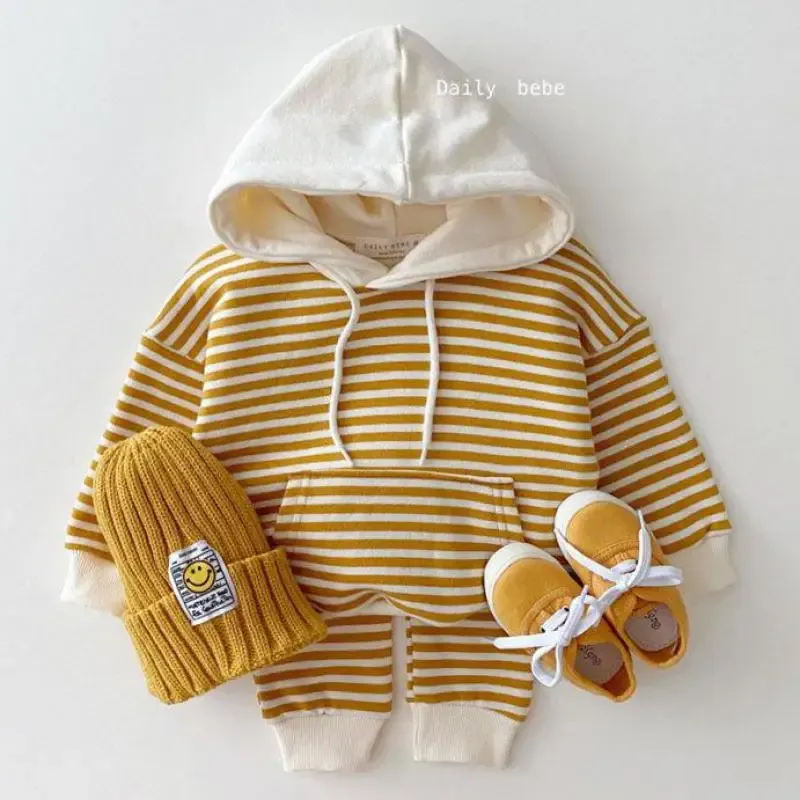 Byxor Autumn Winter Baby Boys Striped Cotton Hoodies Sweatshirt Set Småbarn Girls Hooded Coat+ Pants For Kids Casual Tracksuit Clothes