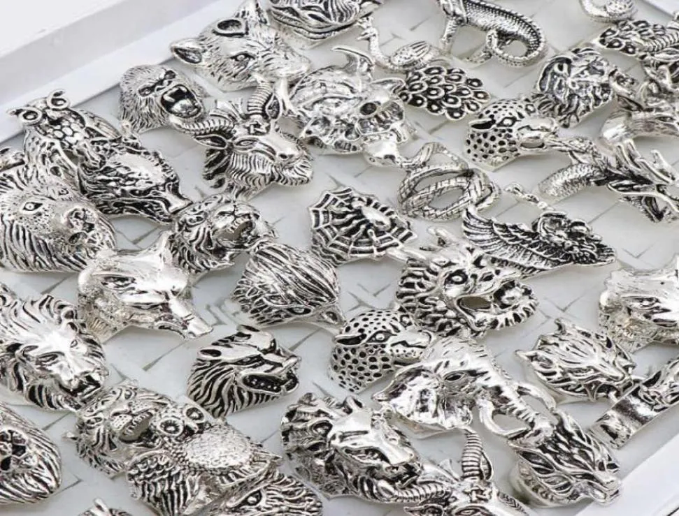 Großhandel 20pcs/Lose Mix Owl Dragon Wolf Elefant Tiger usw. Tierstil antike Vintage -Schmuckringe für Männer Frauen 2106239965000