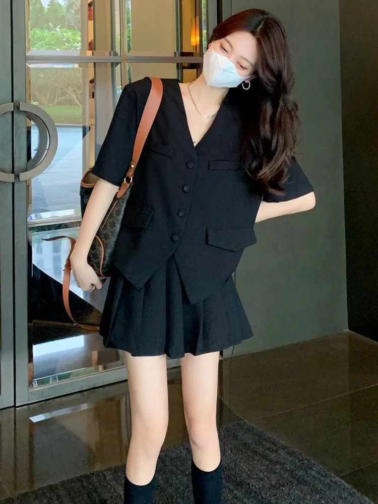 Womens Short Suit Set Korean Style Jacket With Mini Skirt