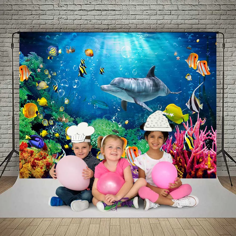 Undervattensvärld Dolphin Coral Seaweed Seabed Aquarium Theme Photography Bakgrund Barn födelsedagsfestdekor Bakgrund
