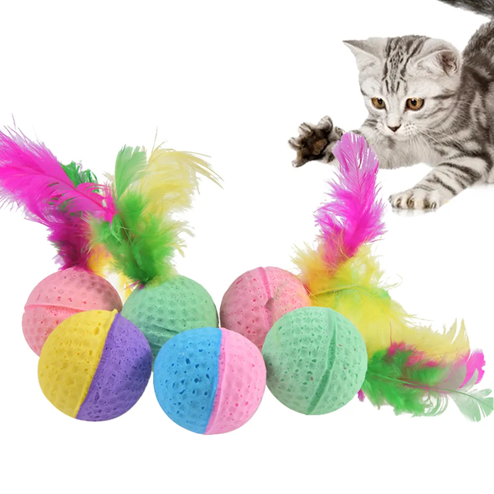 Sheer Fun 10-Pack Interactive Feather Cat Toys, Colorful Latex Foam Balls for ...