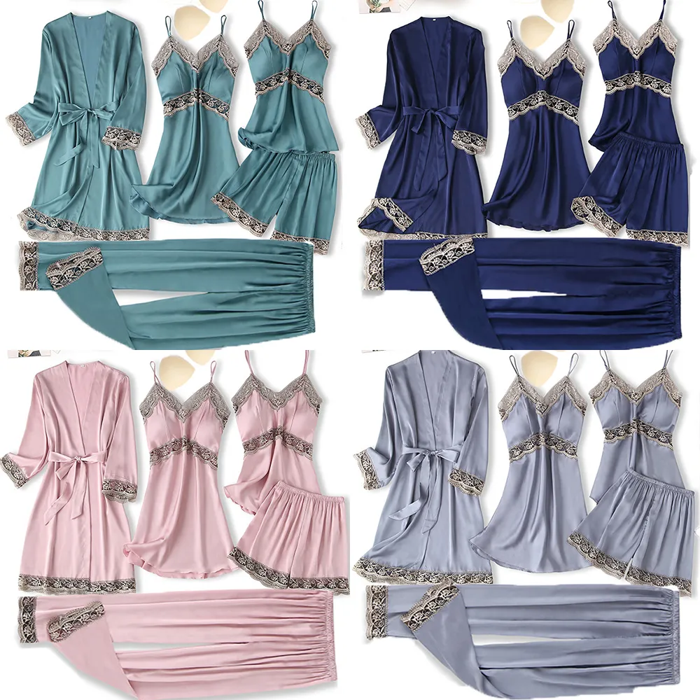 Satin 5PCS Pajamas Set Women Lace Sleepwear Pj's Ice Silk Summer Robe Kimono Gown Suit Hollow Out Pyjamas Thin Intimate Lingerie