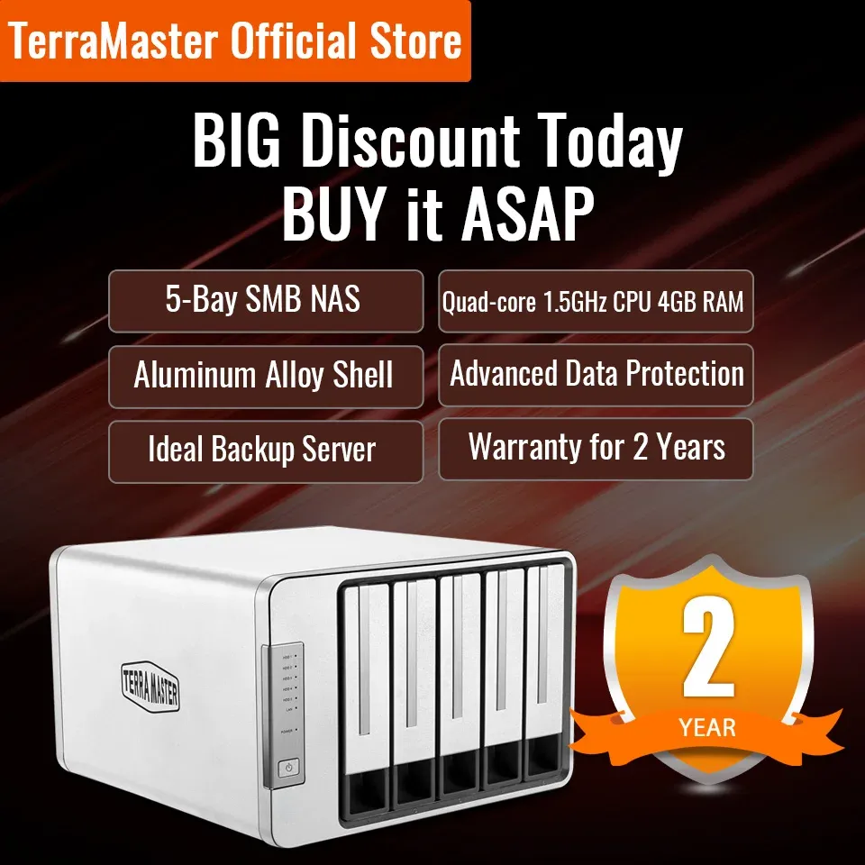 Storage Terramaster F5422 10GBE NAS 5Bay Network Storage Server Intel Quadcore CPU con crittografia hardware (Diskless)