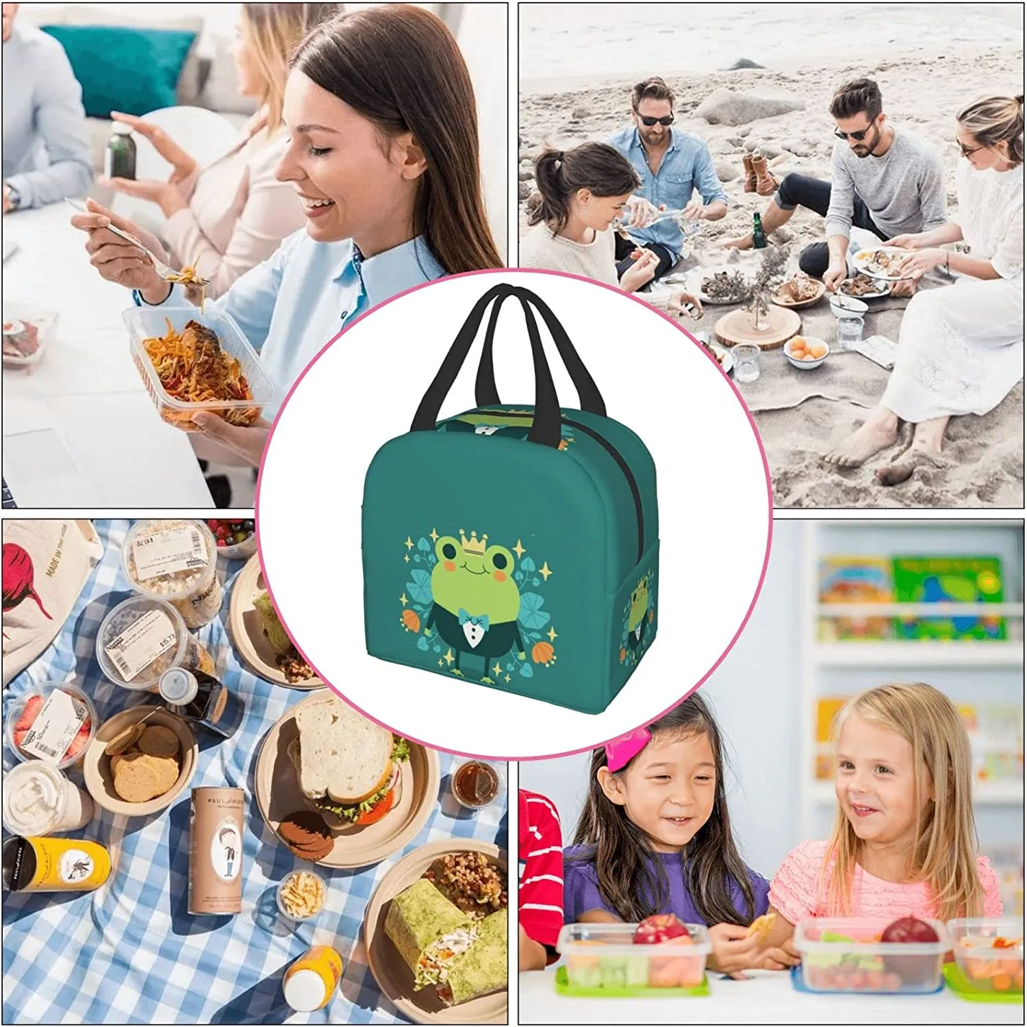 Cute Frog with Big Eyes Print Thermal Lunch Bag Insulated Bento Box Reusable Waterproof Lunch Bag for Office Picnic Hiking Beach