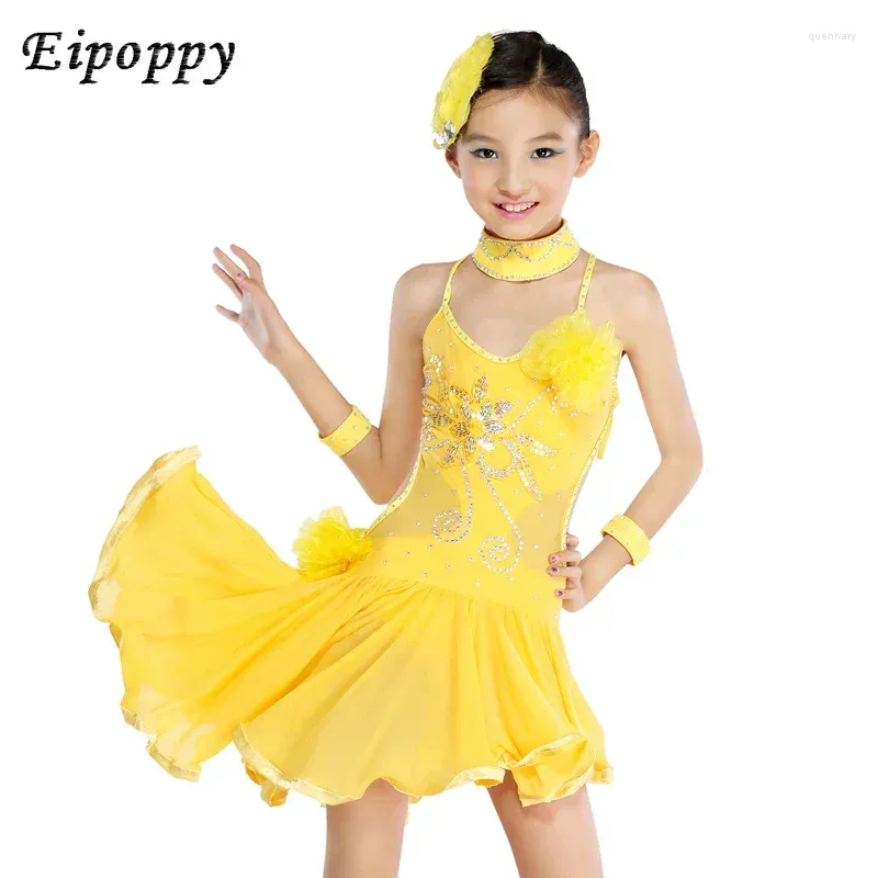 Scene Wear Children's Latin Dance Costumes Modern Just utförde siamesiska kjol mesh Bright Diamond