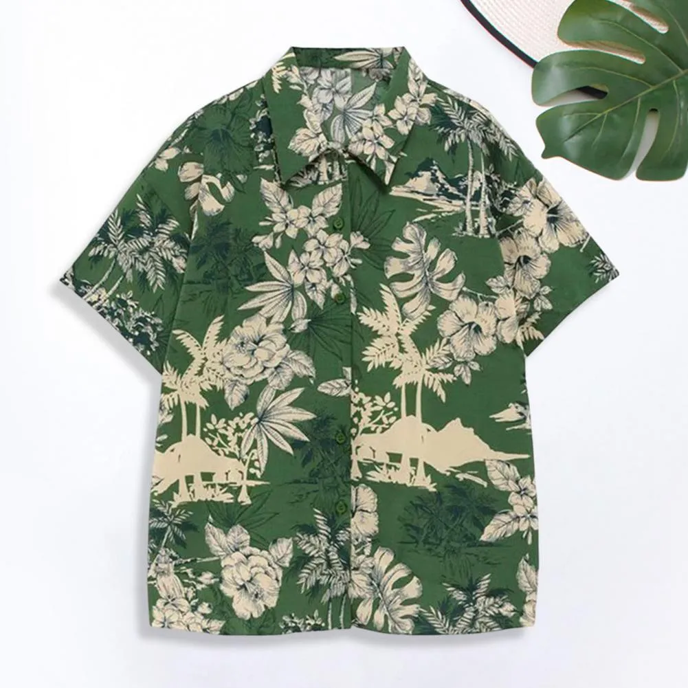 비치 셔츠 라펠 라벨 짧은 슬리브 패치 포켓 버튼 클로저 남자 셔츠 여름 꽃 잎 인쇄 하와이 셔츠 스트리트웨어